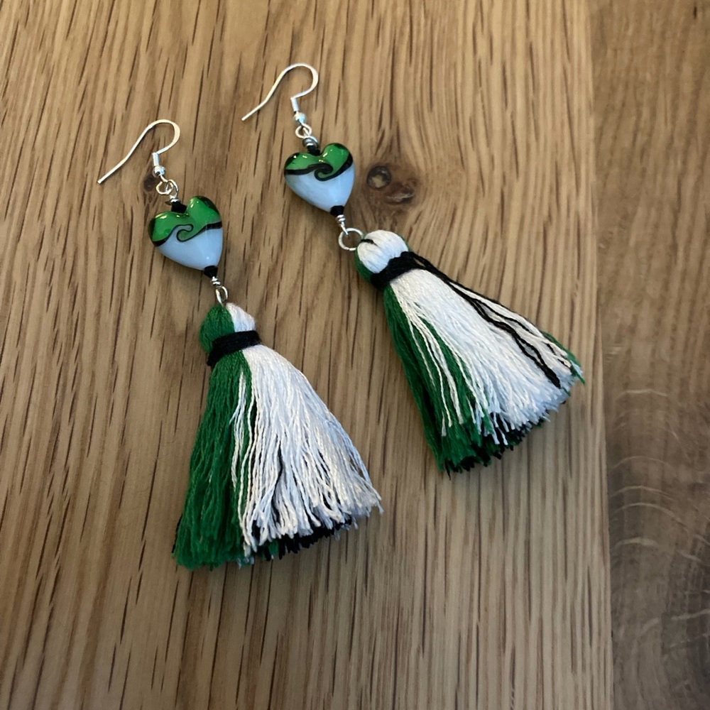 Chic Green and White Tassel Earrings